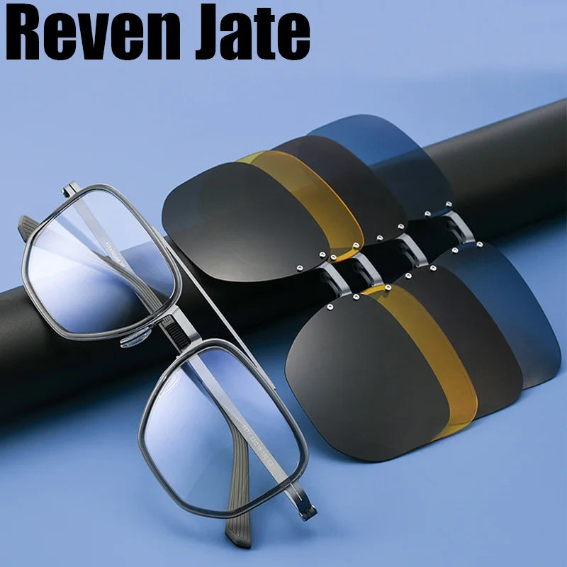 Reven Jate Unisex Full Rim Square Double Bridge Titanium Eyeglasses Clip On Sunglasses 668871
