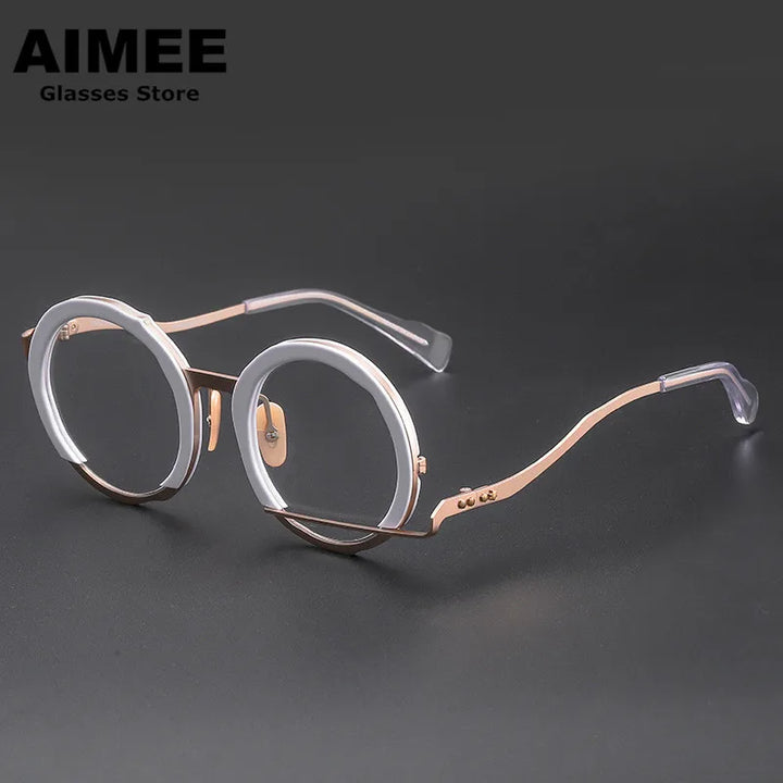 Aimee Unisex Full Rim Irregular Round Acetate Titanium Eyeglasses 1334 Full Rim Aimee White-Golden  