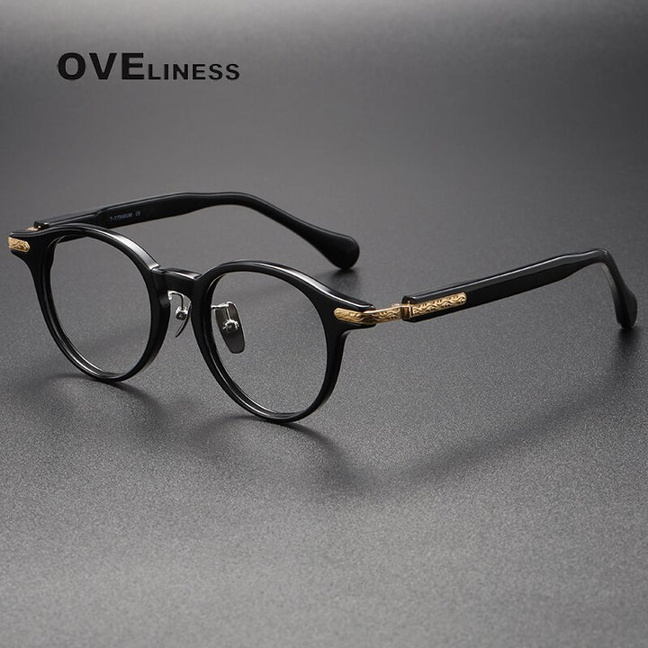 Oveliness Unisex Full Rim Round Acetate Titanium Eyeglasses 80853 Full Rim Oveliness black gold  