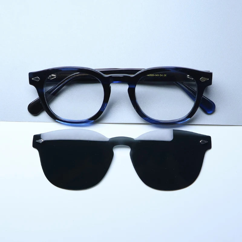 Gatenac Unisex Full Rim Round Acetate Eyeglasses Polarized Clip On Sunglasses 1145  FuzWeb  Blue Gray Clips  