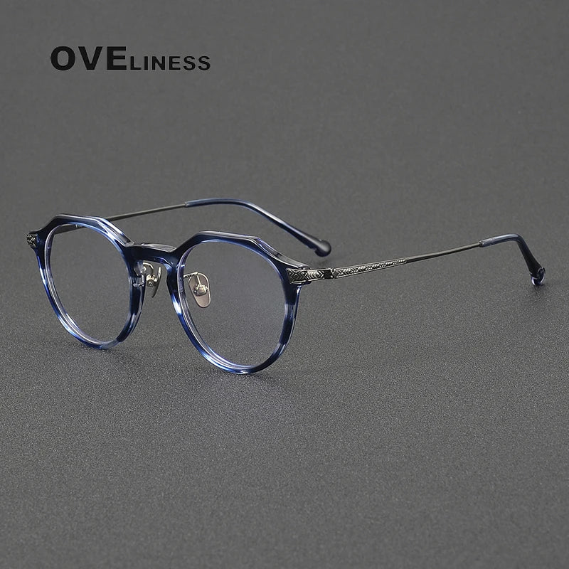 Oveliness Unisex Full Rim Flat Top Oval Acetate Titanium Eyeglasses 99402 Full Rim Oveliness blue gun