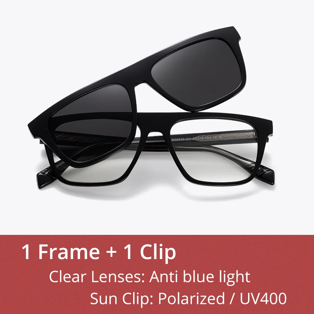 Ralferty Unisex Full Rim Square Tr 90 Alloy Eyeglasses Clip On Sunglasses 334210