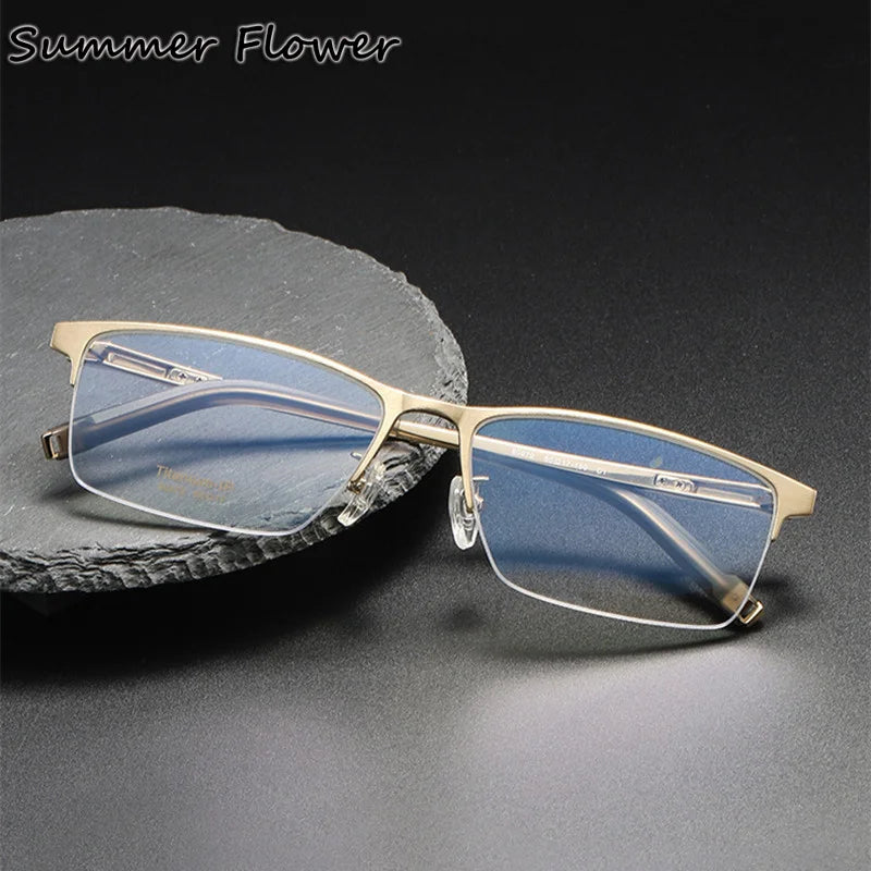 Summer Flower Men's Semi Rim Square Brow Line Titanium Eyeglasses 80879 Semi Rim Summer Flower