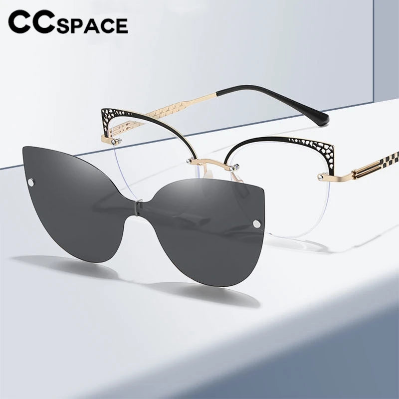 CCSpace Women's Full Rim Oval Cat Eye Alloy Eyeglasses Clip On Sunglasses 302035 With Clip Ons CCspace   