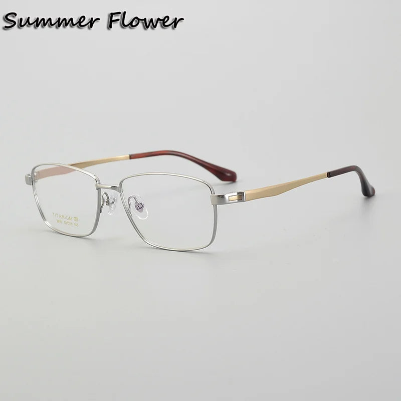 Summer Flower Men's Full Rim Big Polygon Square Titanium Eyeglasses 82918 Full Rim Summer Flower Silver Gold