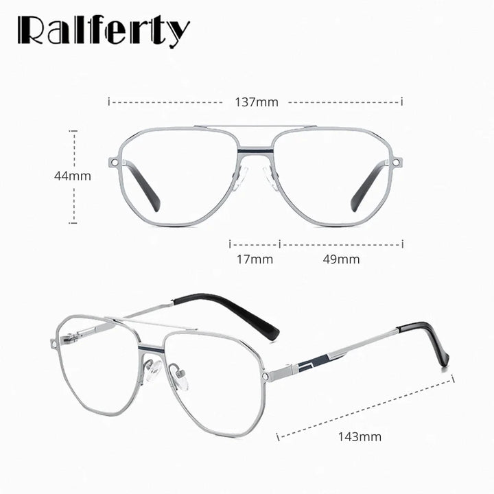 Ralferty Unisex Full Rim Square Double Bridge Al Mg Eyeglasses Clip On Sunglasses 397037
