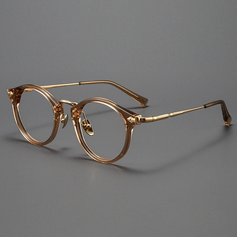 Yimaruili Unisex Full Rim Round Acetate Titanium Eyeglasses Y2055 Full Rim Yimaruili Eyeglasses Tea Gold  