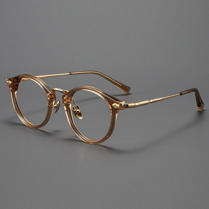 Yimaruili Unisex Full Rim Round Acetate Titanium Eyeglasses Y2055 Full Rim Yimaruili Eyeglasses Tea Gold  