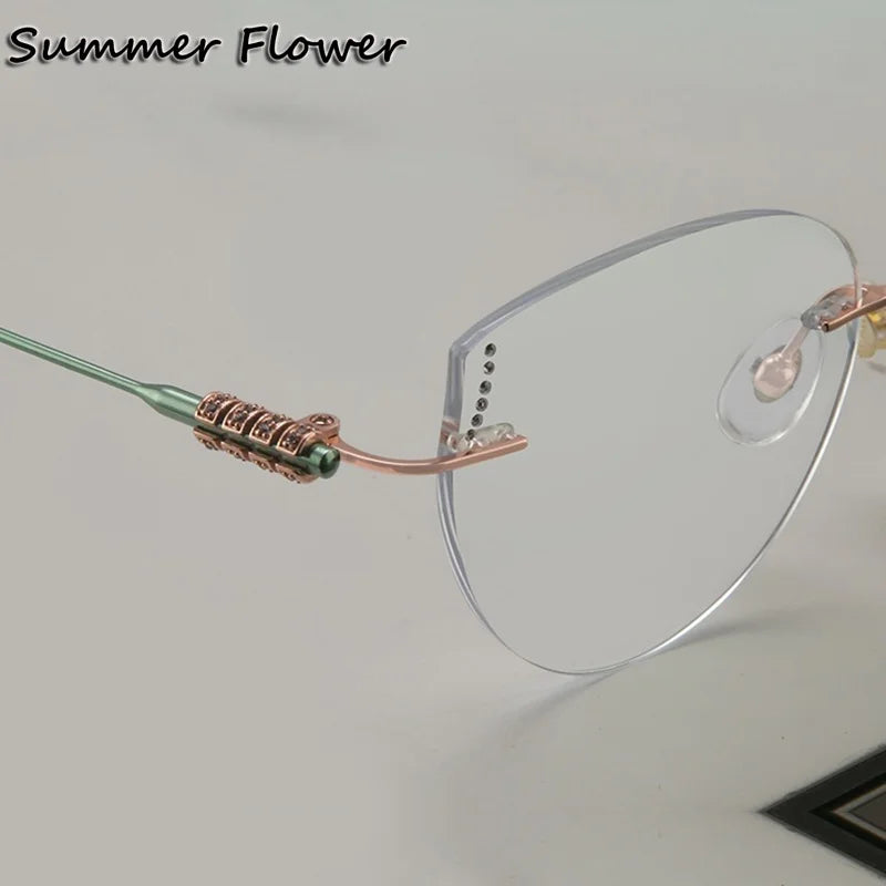 Summer Flower Women's Rimless Round Cat Eye Titanium Eyeglasses 694218