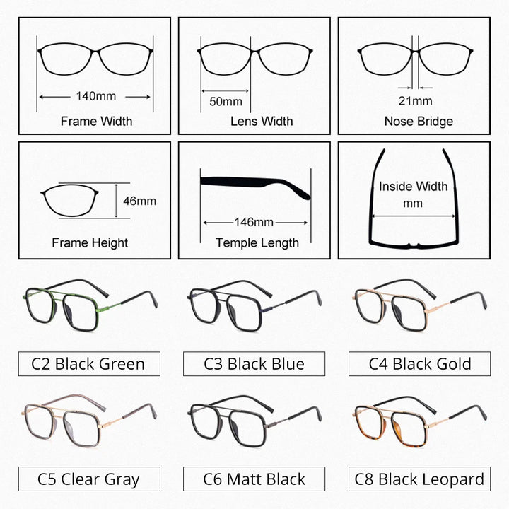 Ralferty Men's Full Rim Square Double Bridge Alloy Acetate Eyeglasses R613 Full Rim Ralferty   