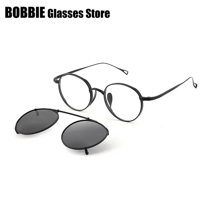 Bobbie Unisex Full Rim Round Titanium Eyeglasses Clip On Sunglasses 113000 FuzWeb