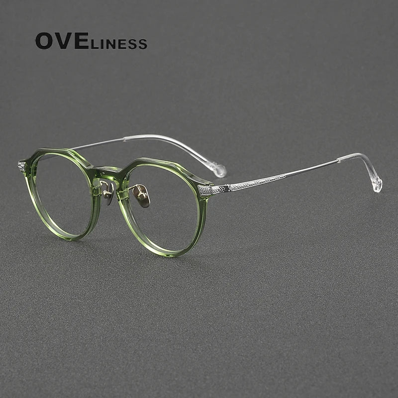 Oveliness Unisex Full Rim Flat Top Oval Acetate Titanium Eyeglasses 99402 Full Rim Oveliness green silver