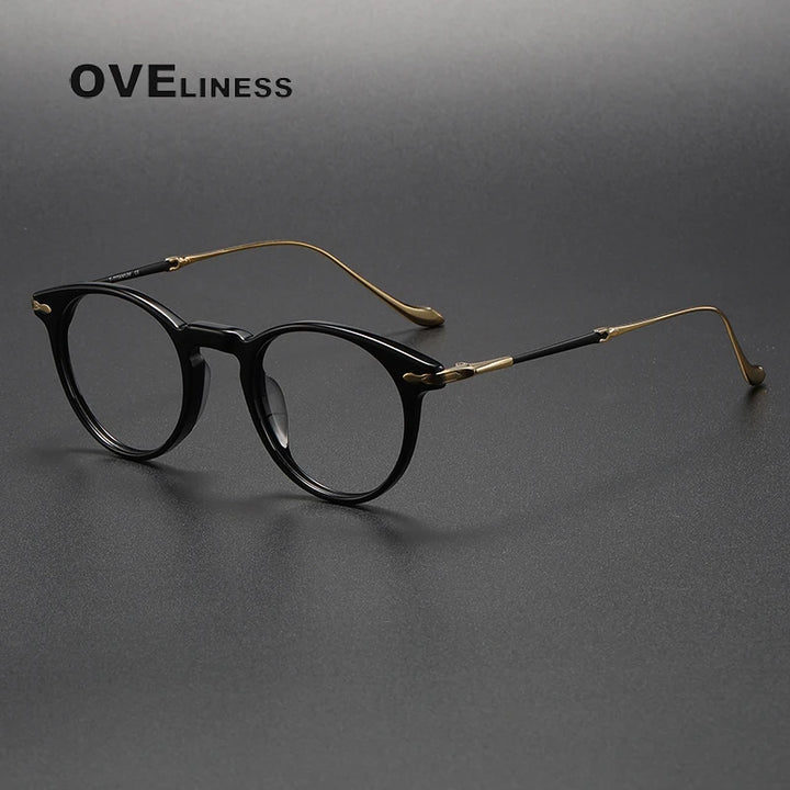 Oveliness Unisex Full Rim Round Acetate Titanium Eyeglasses 2056 Full Rim Oveliness black gold  