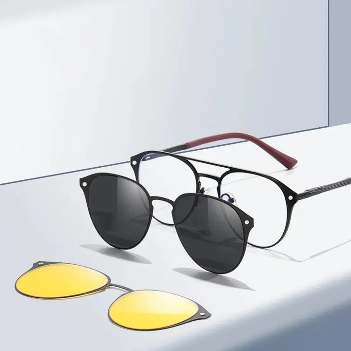 Gmei 760749 Unisex Full Rim Round Double Bridge Steel Frames Clip On Sunglasses FuzWeb