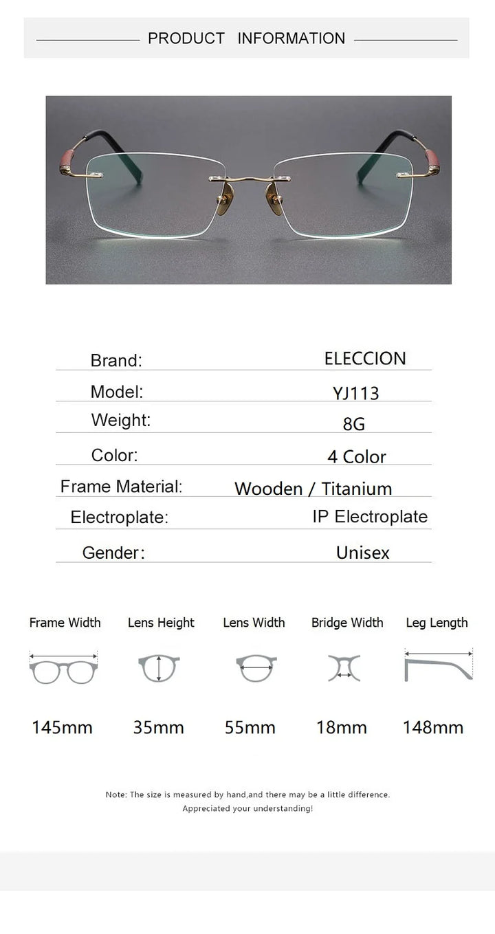 Eleccion Unisex Rimless Oval Square Rosewood Titanium Eyeglasses 25113 Rimless Eleccion