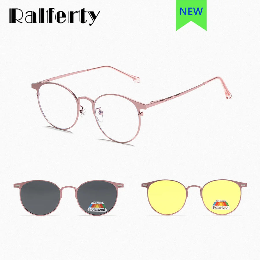 Ralferty Unisex Full Rim Round Alloy Eyeglasses Clip On Polarized Sunglasses R8010 With Clip Ons Ralferty   