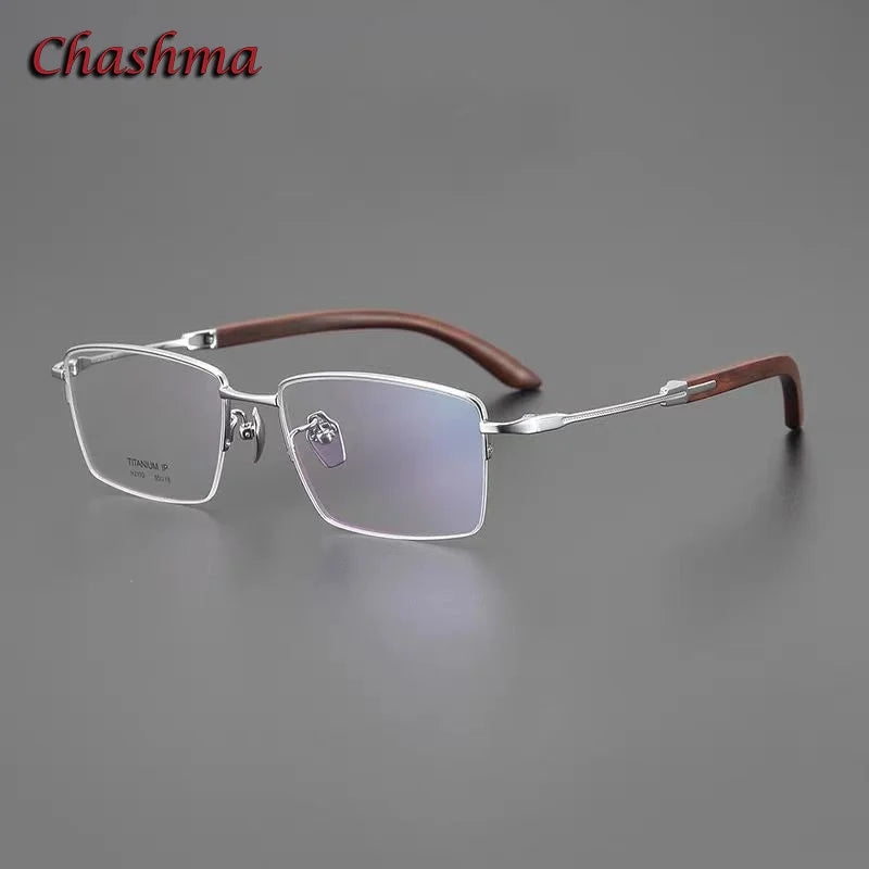 Chashma Ochki Unisex Semi Rim Square Titanium Wood Eyeglasses 312332
