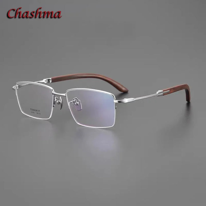 Chashma Ochki Unisex Semi Rim Square Titanium Wood Eyeglasses 312332