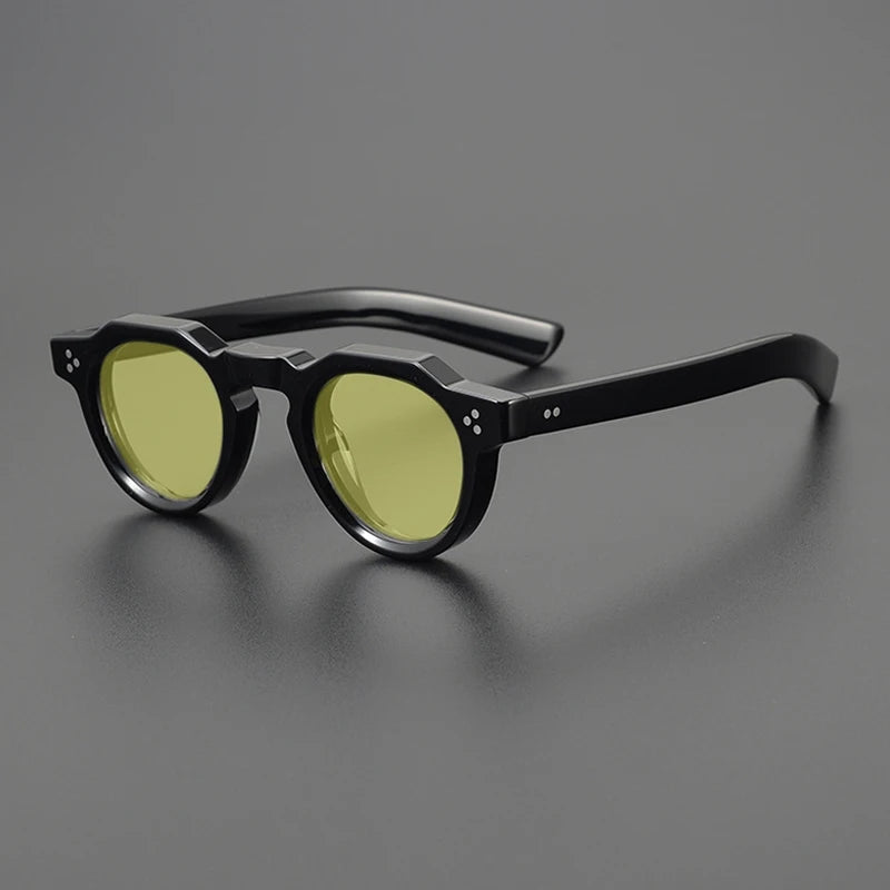 Gatenac Unisex Full Rim Flat Top Round Acetate Polarized Sunglasses M002 Sunglasses Gatenac Black Yellow  