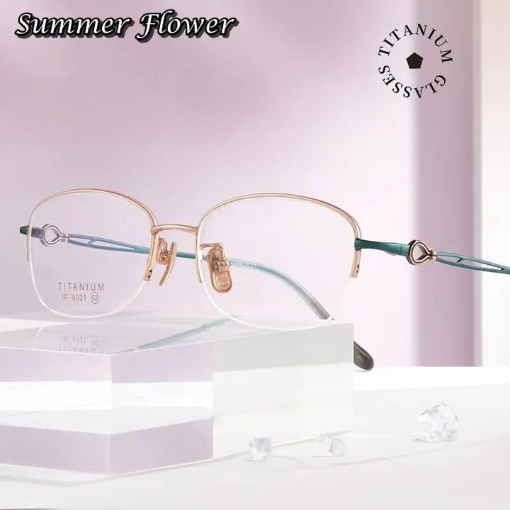 Summer Flower Women's Semi Rim Oval Square Titanium Eyeglasses 90214