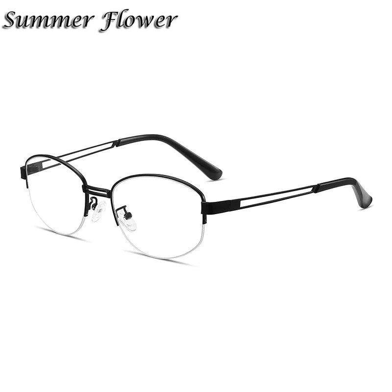 Summer Flower Unisex Semi Rim Oval Titanium Eyeglasses 202406 Semi Rim Summer Flower Bright Black