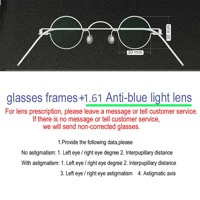 Yujo Unisex Full Rim Round Screwless Stainless Steel Eyeglasses 15032 Full Rim Yujo Anti blue light30 CHINA