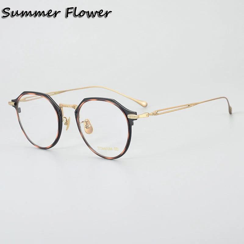 Summer Flower Unisex Full Rim Flat Top Round Titanium Acetate Eyeglasses 84061 Full Rim Summer Flower Leopard Gold