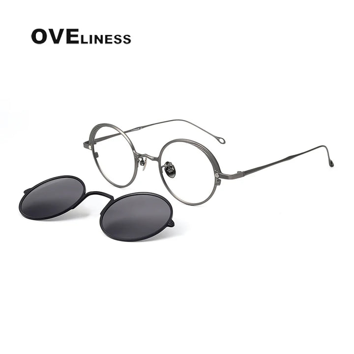 Oveliness Unisex Full Rim Round Titanium Eyeglasses Clip On Sunglasses 42618 With Clip Ons Oveliness Gun black grey