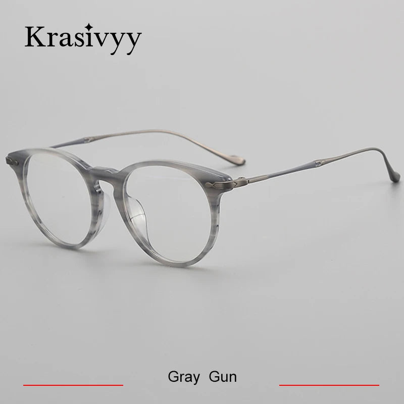 Krasivyy Unisex Full Rim Round Acetate Titanium Eyeglasses 25889 Full Rim Krasivyy Gray Gun