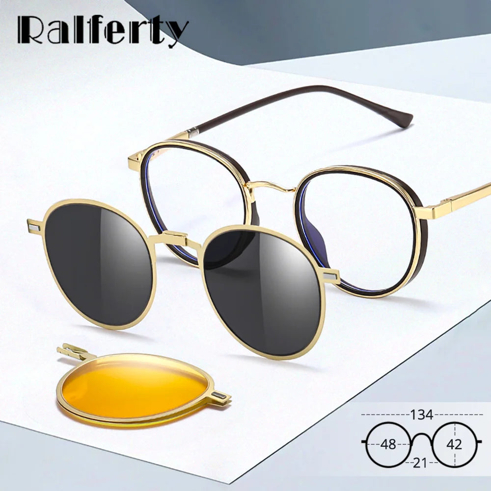 Ralferty Women's Full Rim Round Acetate Alloy Eyeglasses Clip On Sunglasses 517706