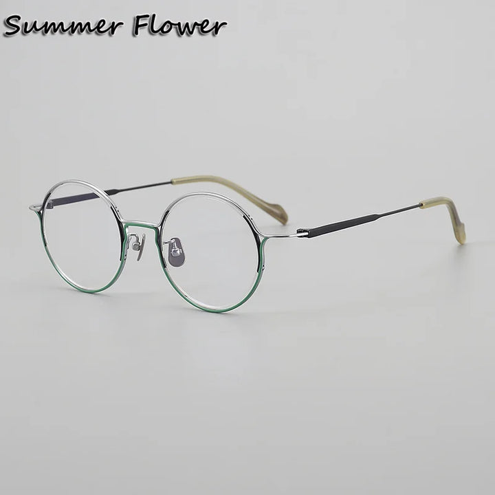 Summer Flower Unisex Full Rim Round Acetate Titanium Eyeglasses 24002 Full Rim Summer Flower Silver Green