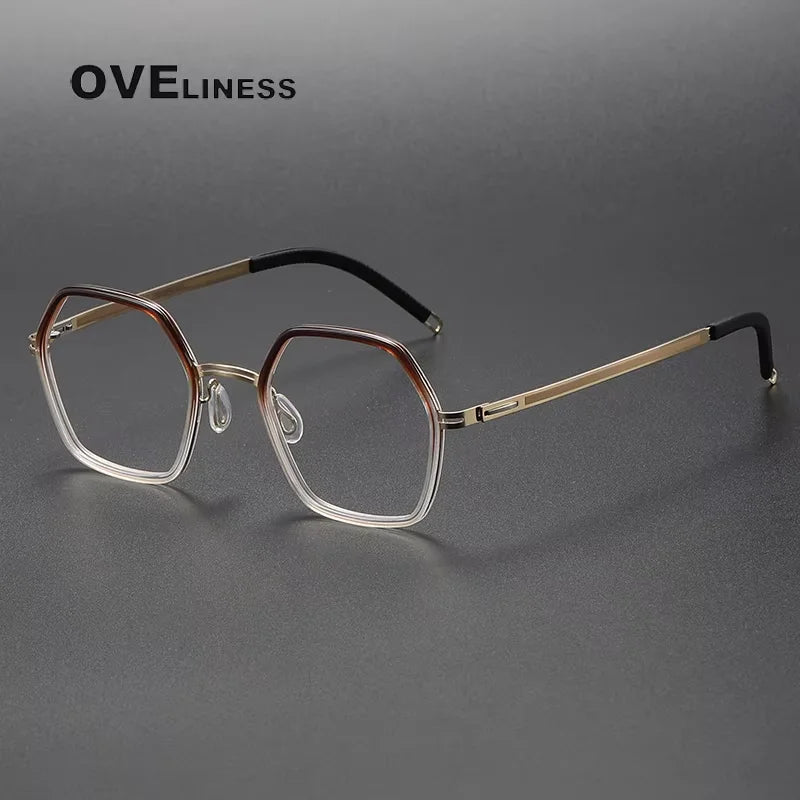 Oveliness Women's Full Rim Polygon Acetate Titanium Eyeglasses 84522 Full Rim Oveliness brown gold