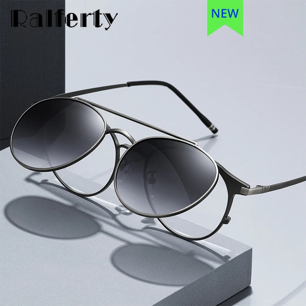 Ralferty Men's Full Rim Round Alloy Eyeglasses Flip Up Sunglasses R702 With Clip Ons Ralferty   