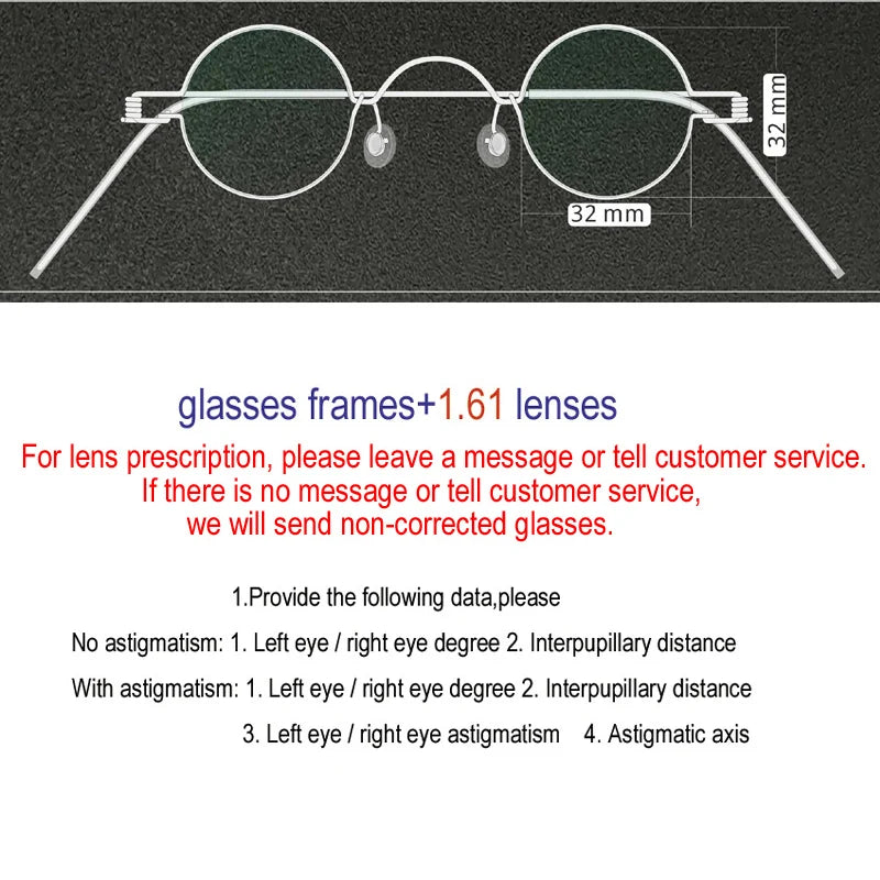 Yujo Unisex Full Rim Round Screwless Stainless Steel Eyeglasses 15032 Full Rim Yujo diameter32mm CHINA