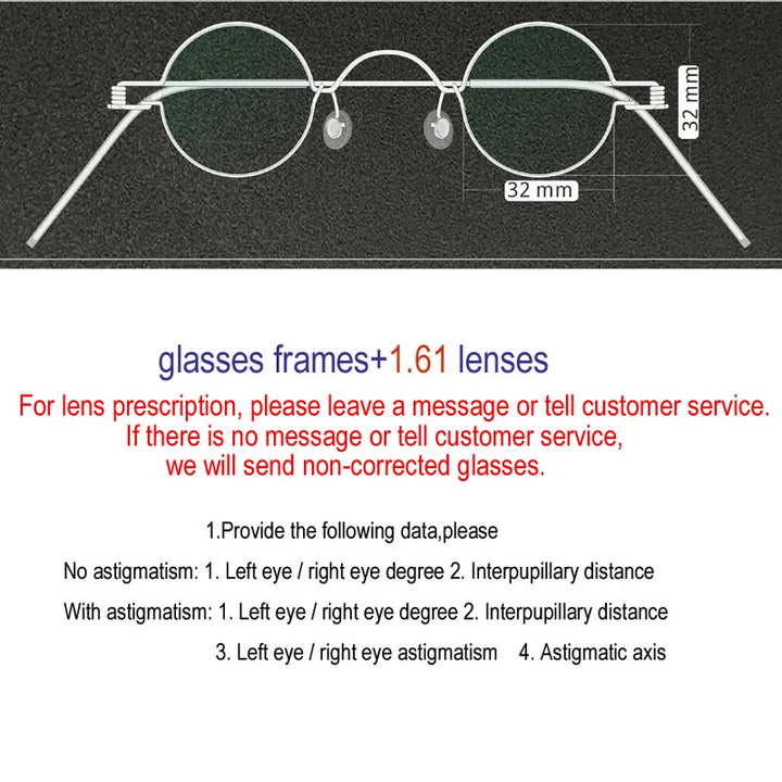 Yujo Unisex Full Rim Round Screwless Stainless Steel Eyeglasses 15032 Full Rim Yujo diameter32mm CHINA