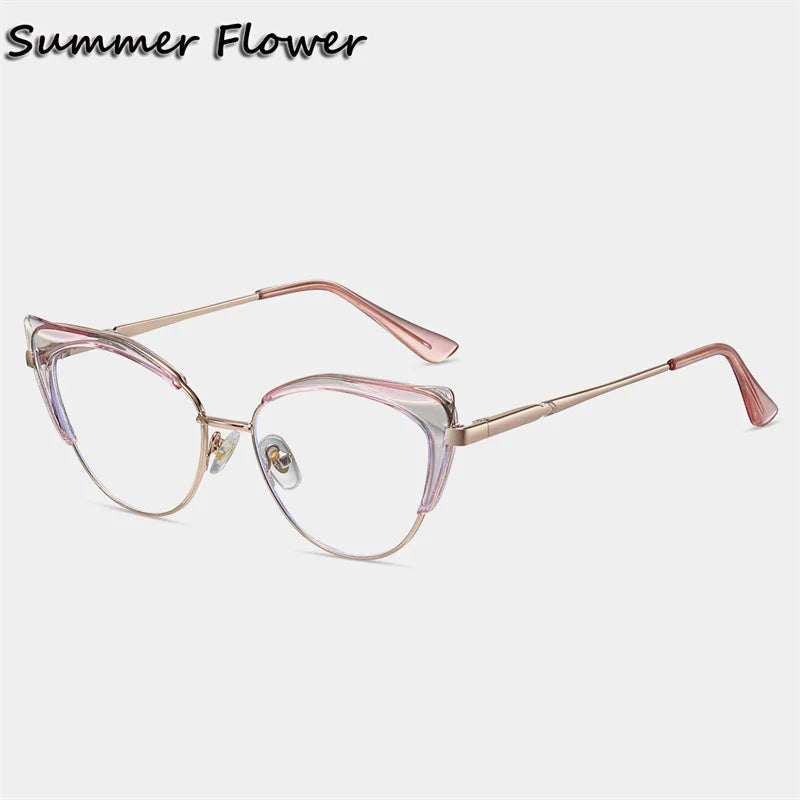 Summer Flower Women's Full Rim Oval Cat Eye Tr 90 Alloy Eyeglasses 87329 Full Rim Summer Flower Transparent Purple