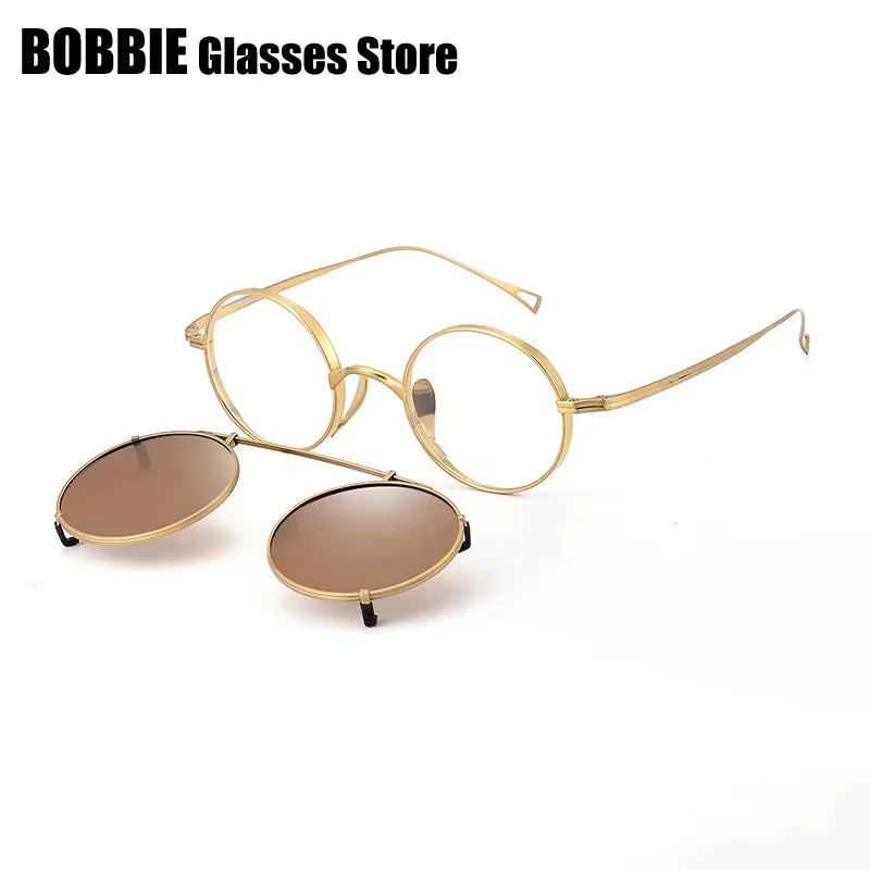 Bobbie Women's Full Rim Round Titanium Eyeglasses Clip On Sunglasses 612994