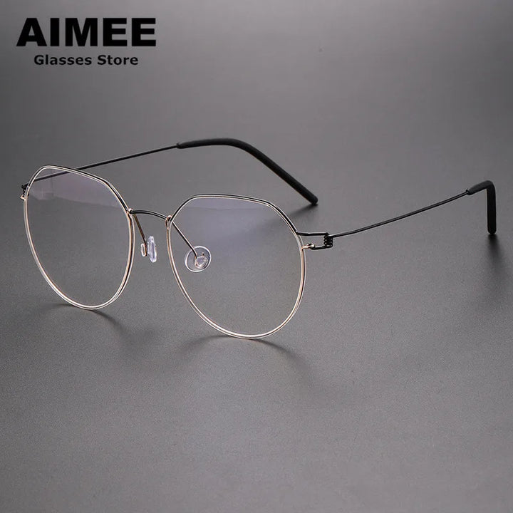 Aimee Unisex Full Rim Round Screwless Titanium Eyeglasses 52214 Full Rim Aimee Black-Golden  