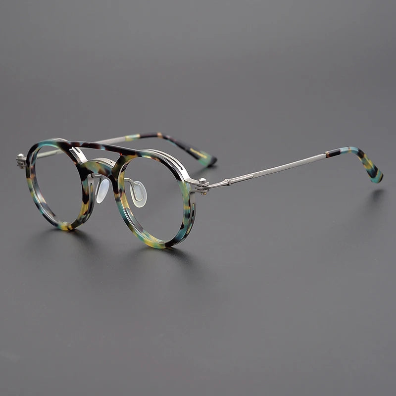 Black Mask Unisex Full Rim Round Double Bridge Acetate Titanium Eyeglasses Tv052 Full Rim Black Mask Blue Tortoise  