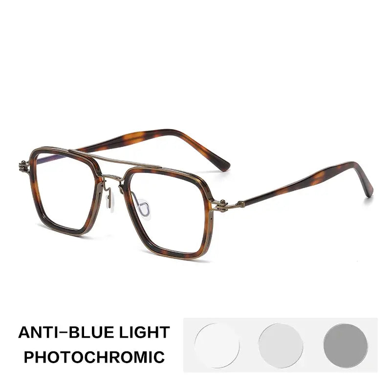 Gatenac Unisex Full Rim Big Square Double Bridge Acetate Titanium Photochromic Reading Glasses 58753.
