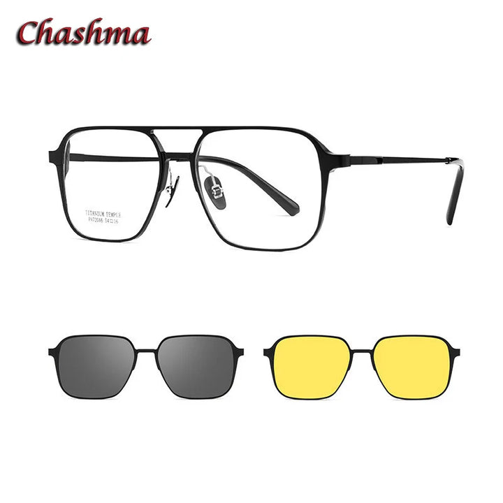 Chashma Ochki Unisex Full Rim Square Double Bridge Titanium Eyeglasses Clip On Sunglasses 372046