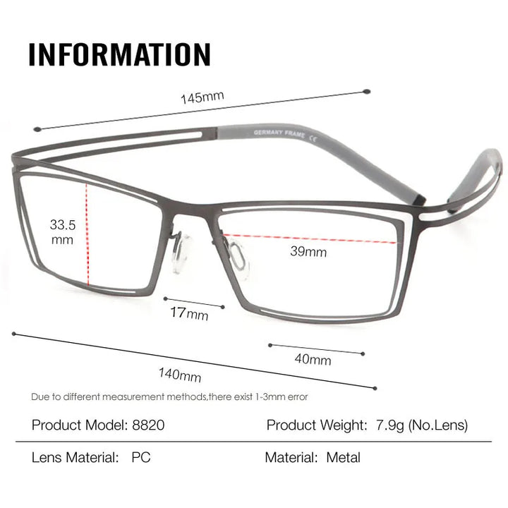 Muzz Unisex Full Rim Square Screwless Stainless Steel Eyeglasses 48820