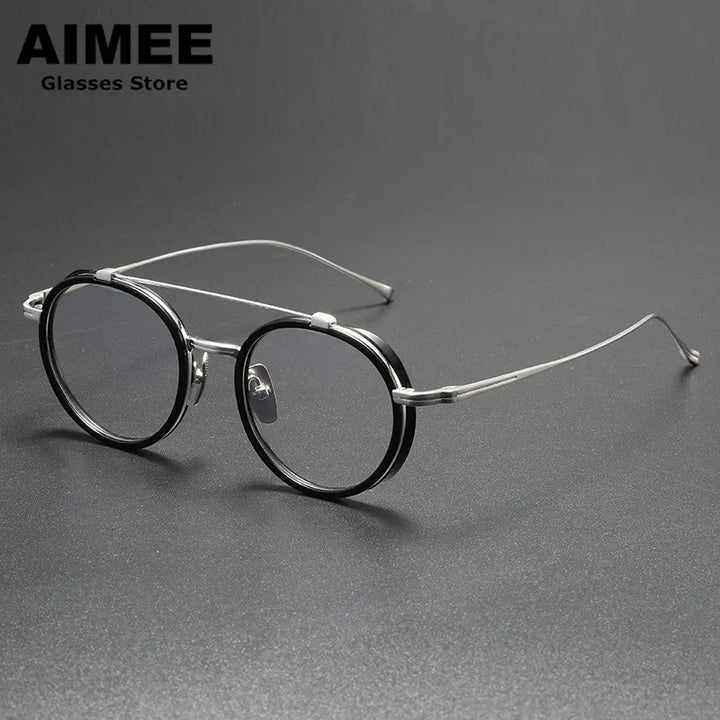 Aimee Unisex Full Rim Round Double Bridge Titanium Eyeglasses 91032 Full Rim Aimee Black-Silver  