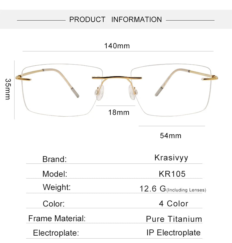 Krasivyy Unisex Rimless Square Screwless Titanium Eyeglassess 24105 Rimless Krasivyy