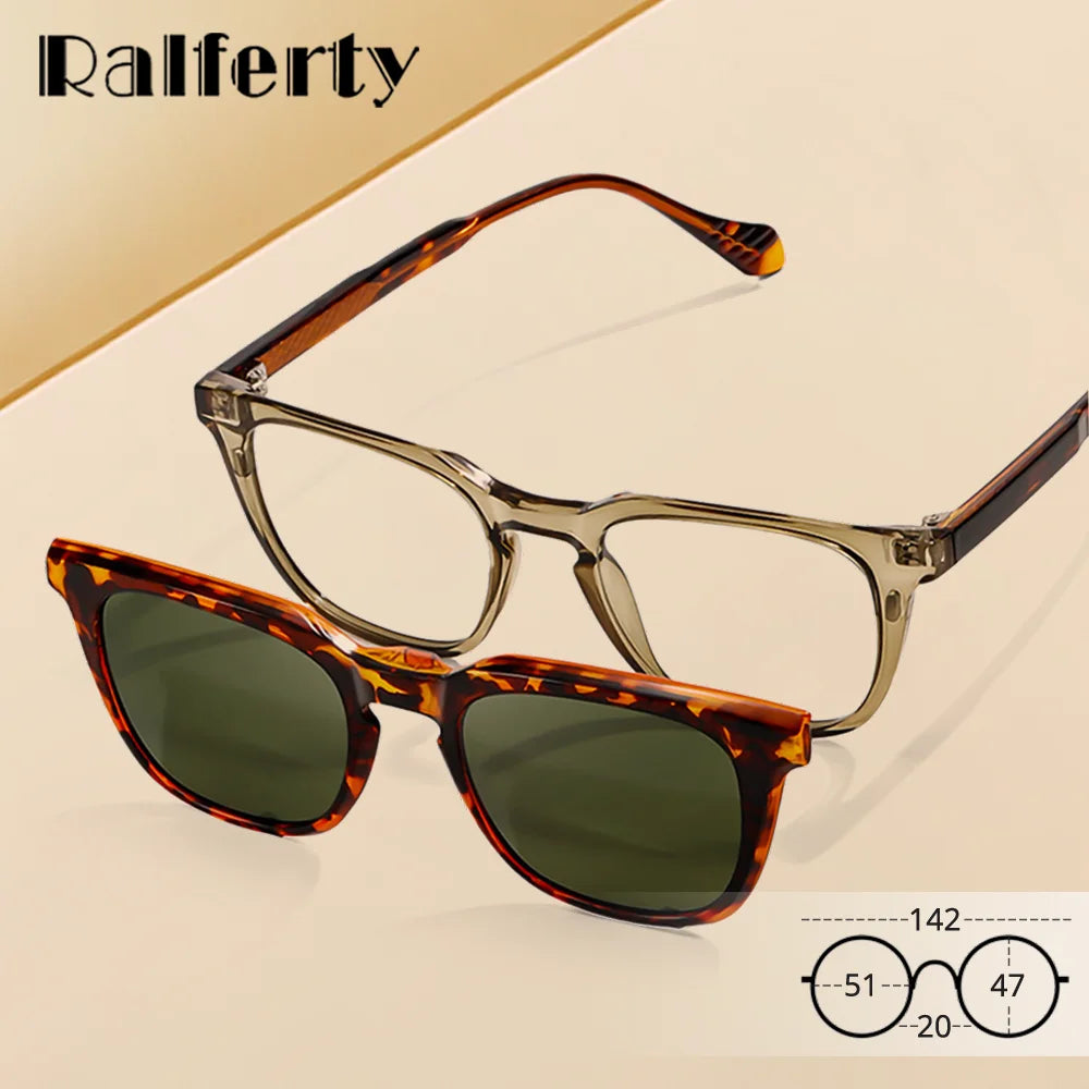 Ralferty Unisex Full Rim Square Acetate Tr 90 Eyeglasses Clip On Sunglasses 534209