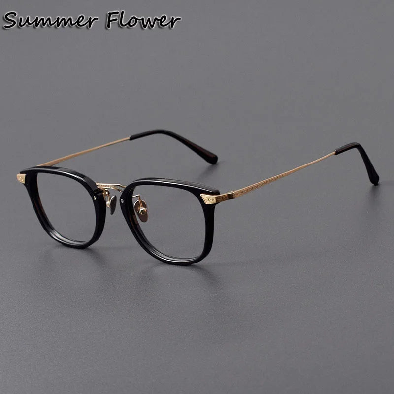 Summer Flower Unisex Full Rim Square Acetate Titanium Eyeglasses 84023 Full Rim Summer Flower Black