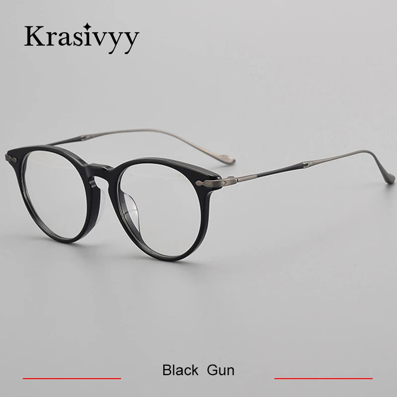 Krasivyy Unisex Full Rim Round Acetate Titanium Eyeglasses 25889 Full Rim Krasivyy Black Gun