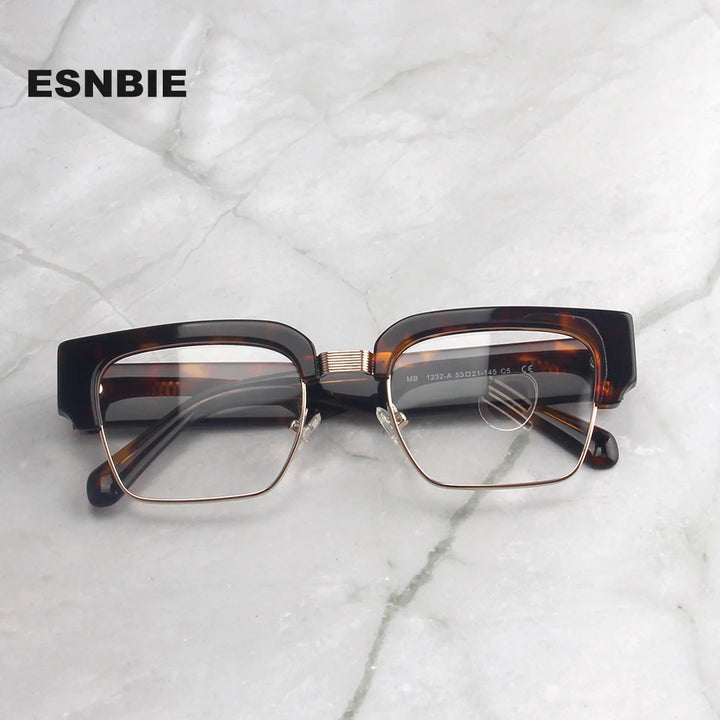 Esnbie Men's Full Rim Square Brow Line Acetate Alloy Eyeglasses Eyeglasses 123218