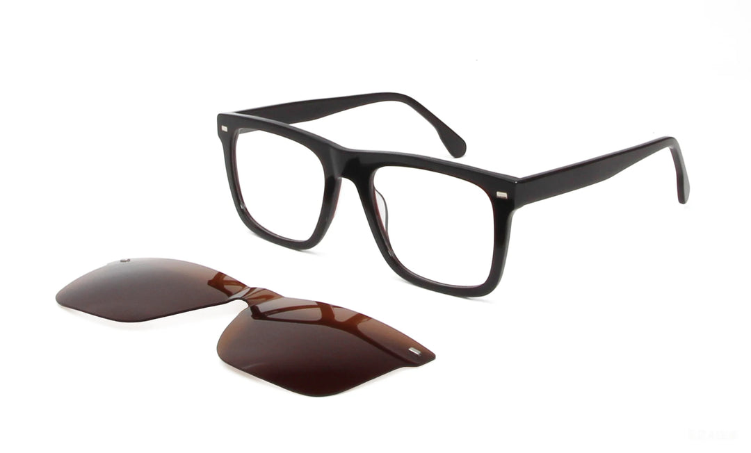 Esnbie Men's Full Rim Square Acetate Eyeglasses Clip On Sunglasses 423291
