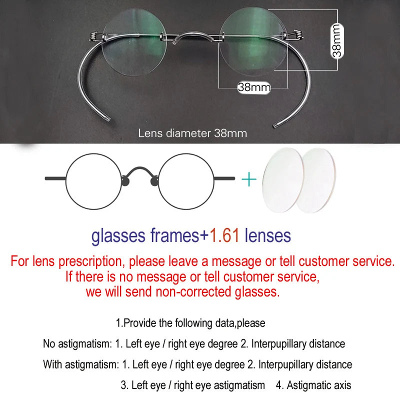 Yujo Unisex Rimless Round Screwless Stainless Steel Eyeglasses 3642 Rimless Yujo 38mm CHINA